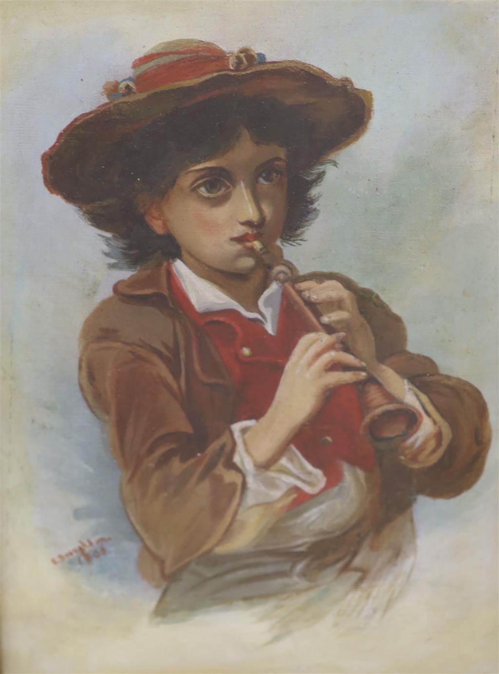 E. Broughton, oil on canvas, Portrait of an alpine boy playing a recorder, signed and dated 1906, 35 x 24cm